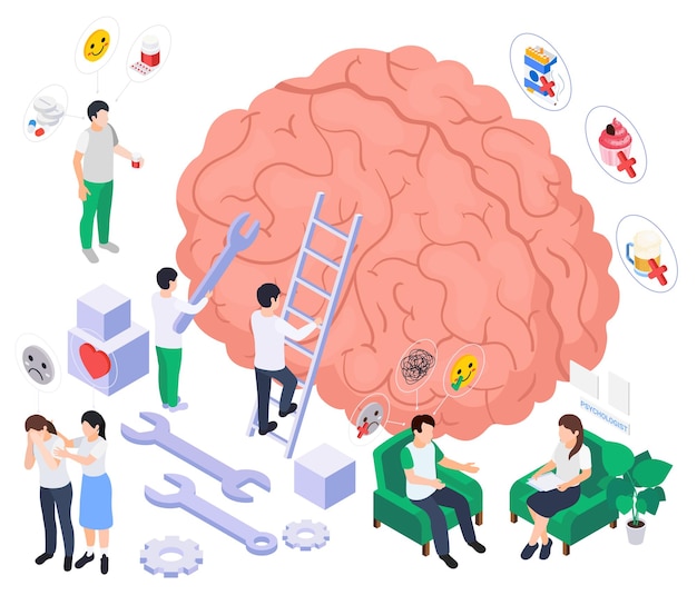 Free vector mental health wellness composition with isometric icons of human organ gear tools emotional reactions and people vector illustration