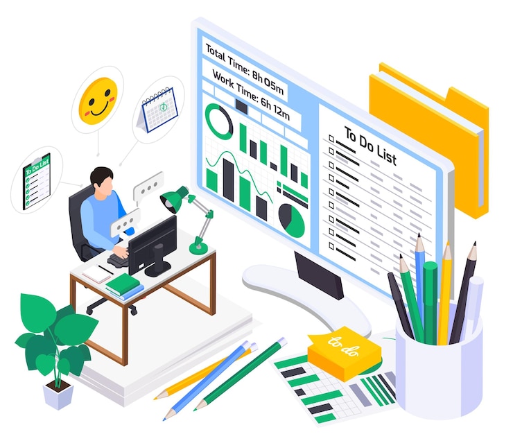 Free Vector mental health wellness composition of workplace icons with human character of worker with reactions chat bubbles vector illustration