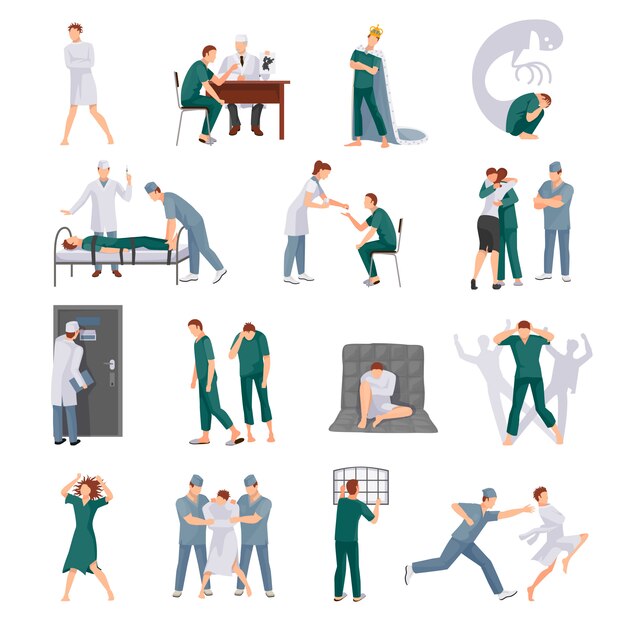 Mental illnesses icons set with mad people and medical staff in various situations isolated vector i