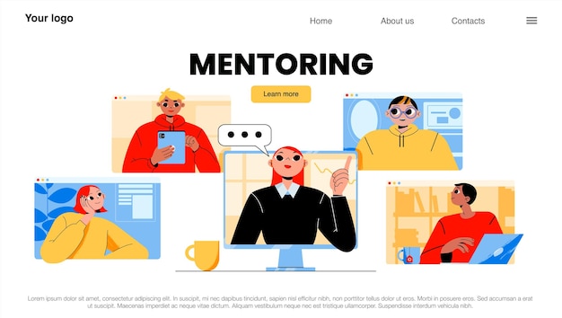 Mentoring landing page business coach chatting with employees online Mentorship support and training people to achieve career goals tutor and workers on pc screens Line art flat vector web banner