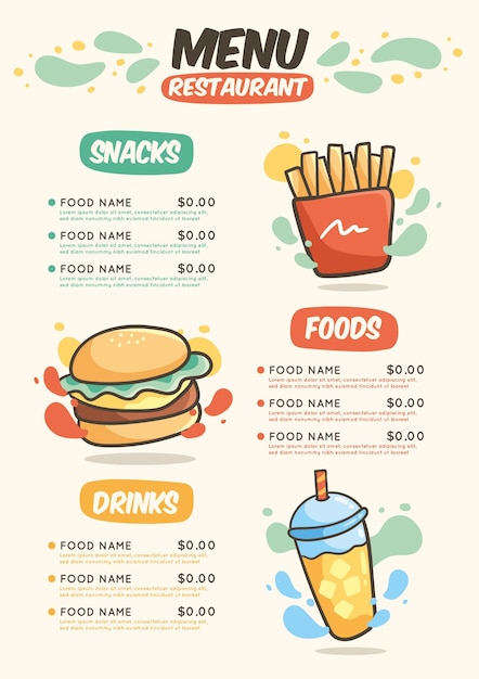 Free vector menu for restaurant in vertical format with illustrations