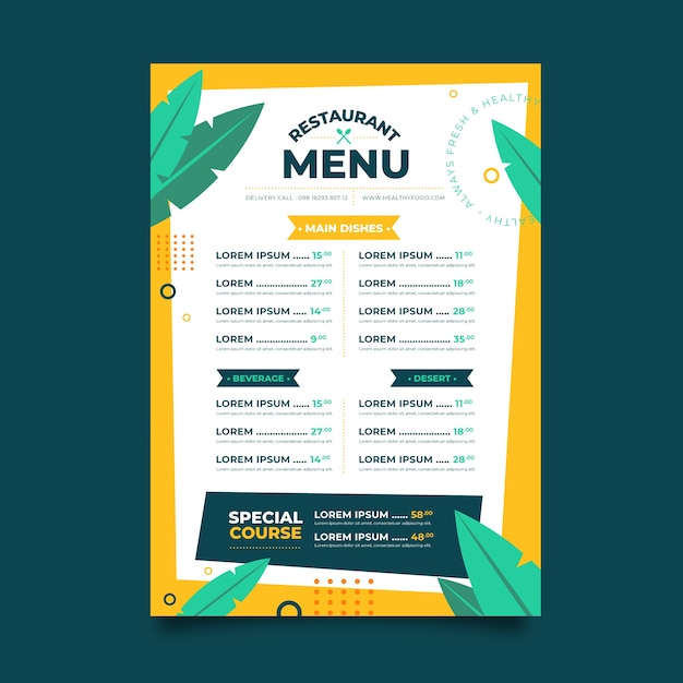 Menu style healthy food restaurant