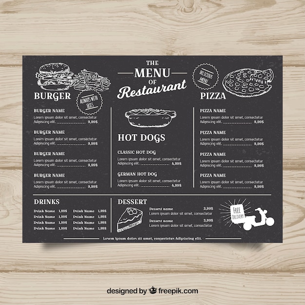 menu template for fast food restaurant in blackboard style