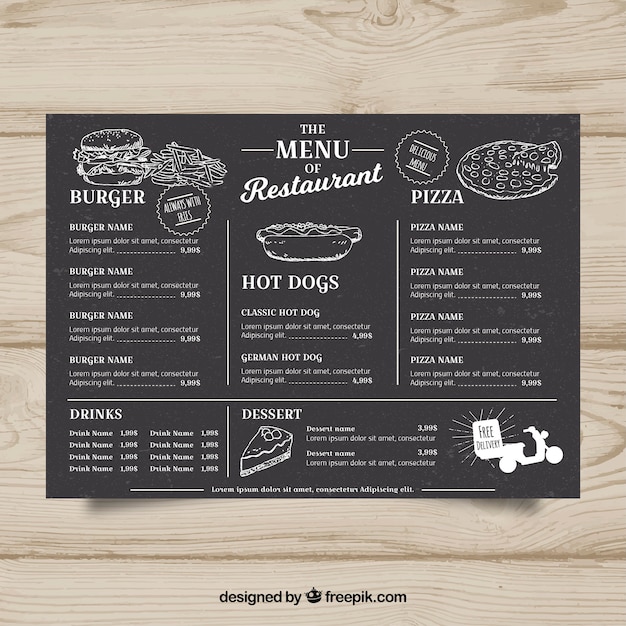 Free vector menu template for fast food restaurant in blackboard style