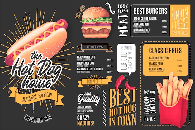 Vettore gratuito modello di menu per hot dog restaurant con illustrazioni