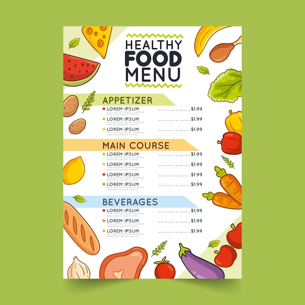 Free Vector Menu template for restaurant with healthy food