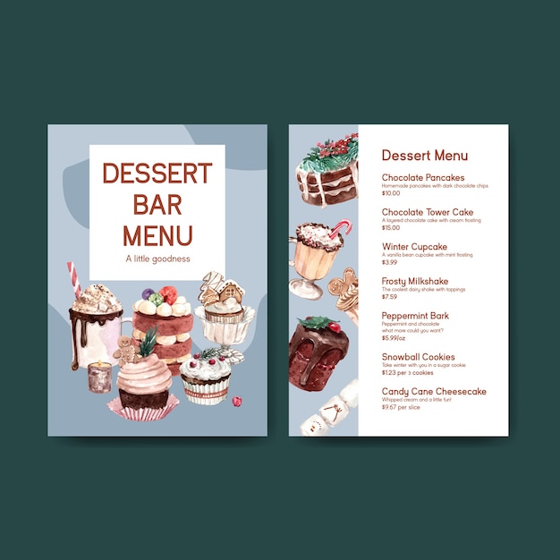Vettore gratuito modello di menu impostato con dolci invernali in stile acquerello