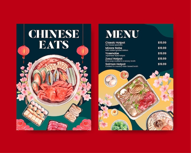 Menu template with chinese hotpot conceptwatercolor