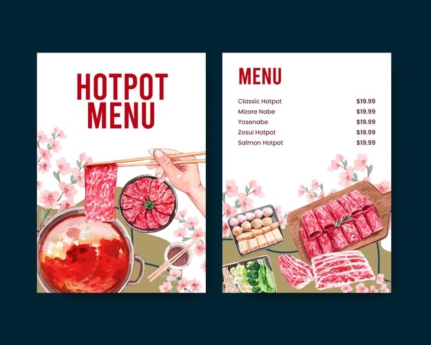 Menu template with Chinese hotpot conceptwatercolor