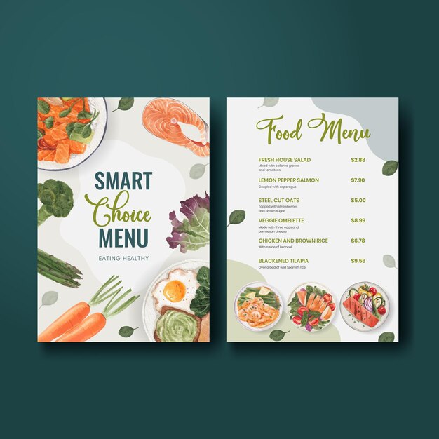 Menu template with healthy food concept,watercolor style