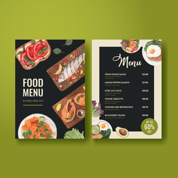 Menu template with healthy food concept,watercolor style