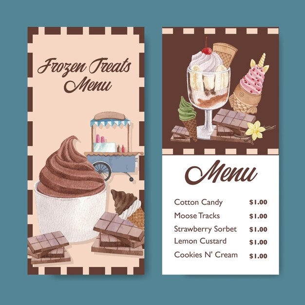 Menu template with ice cream flavor conceptwatercolor style