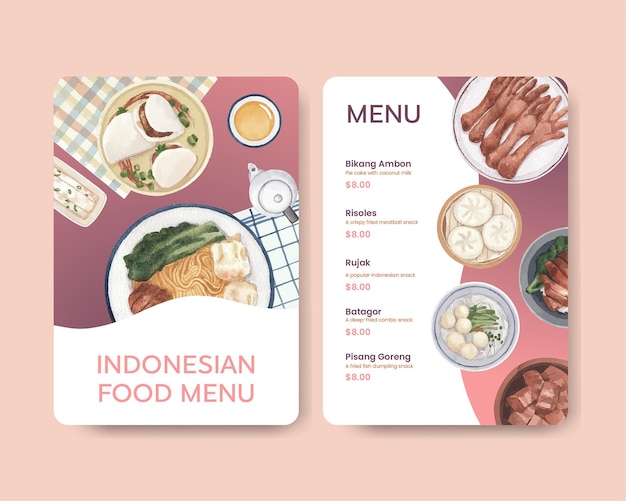 Modello di menu con concetto di crociera indonesiana, stile acquerello