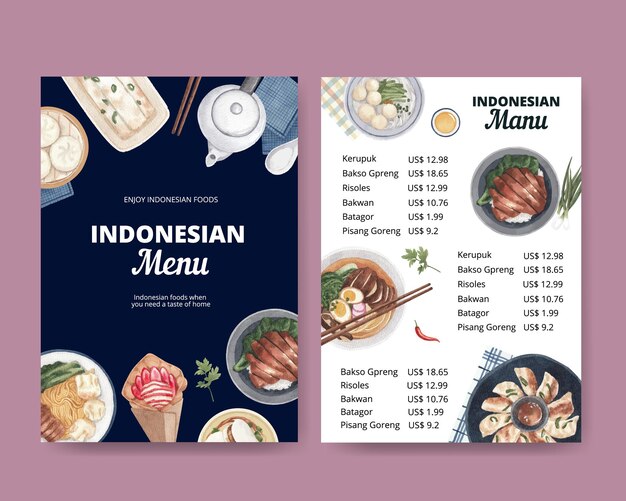 Шаблон меню с концепцией индонезийской круизной кухни в акварельном стиле