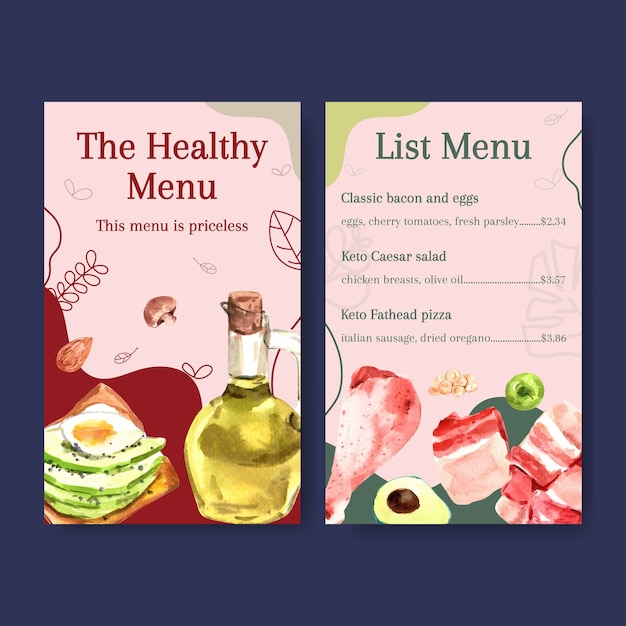 Шаблон меню с концепцией кетогенной диеты для акварельной иллюстрации ресторана и продовольственного магазина.