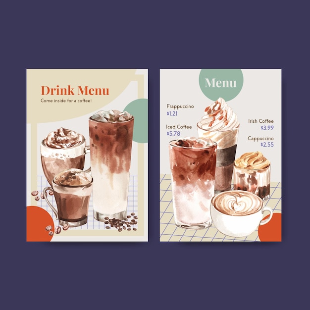 Free vector menu template with korean coffee style  concept for restaurant and bistro watercolor