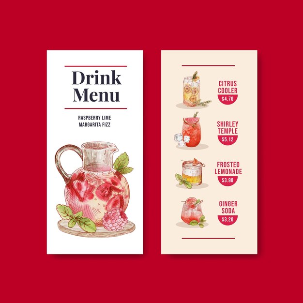 Free vector menu template with refreshment drinks concept,watercolor style