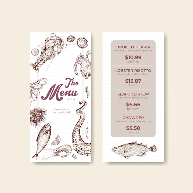 Vettore gratuito modello di menu con concept design di frutti di mare per pubblicità e illustrazione di marketing