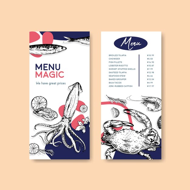 Menu template with seafood concept design for advertise and marketing illustration
