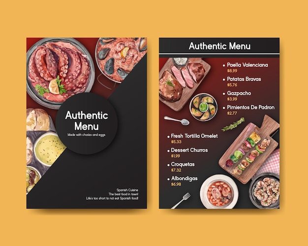 Modello di menu con concept design di cucina spagnola per bisto e illustrazione dell'acquerello del ristorante