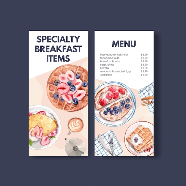 Modello di menu con colazione a base di specialità conceptwatercolor stylexdxa