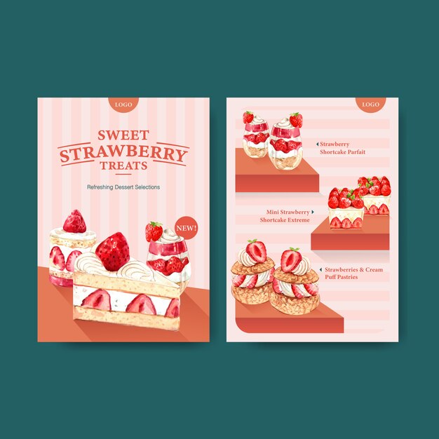 Menu template with strawberry baking design for restaurant, cafe, bistro and food shop watercolor illustration