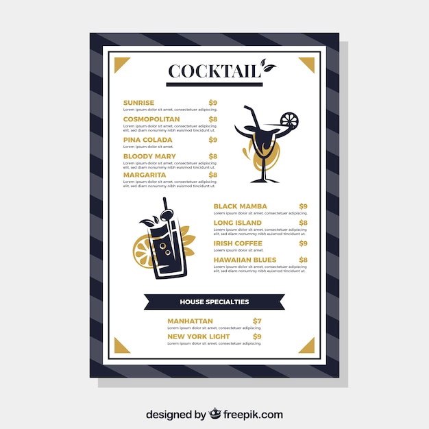 Free vector menu with different cocktails in flat style