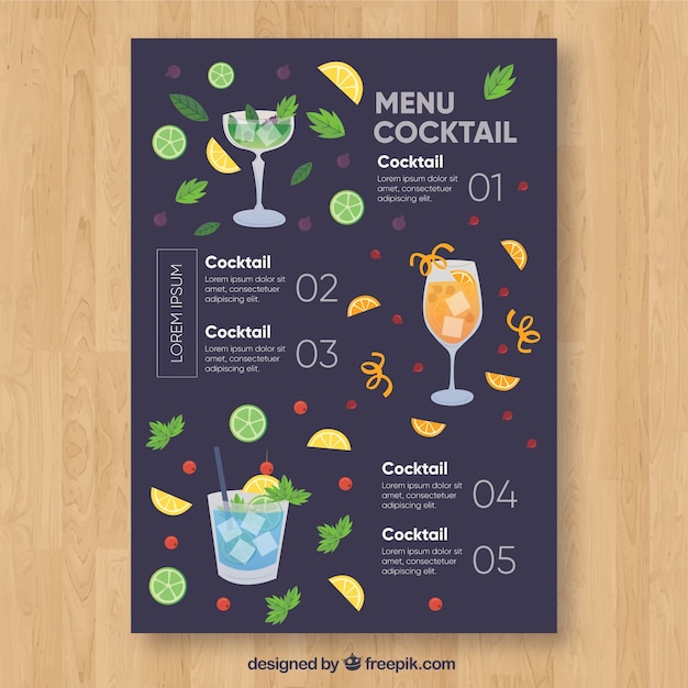 Free vector menu with different cocktails in flat style