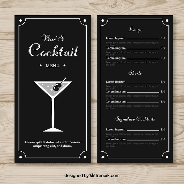 Free vector menu with different cocktails in hand drawn style