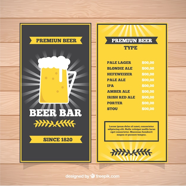 Vettore gratuito menu con la birra premium