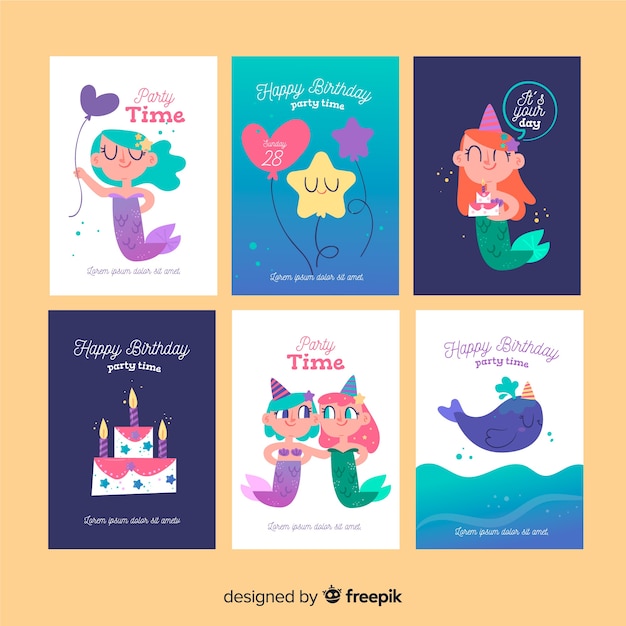 Free vector mermaid birthday card collection