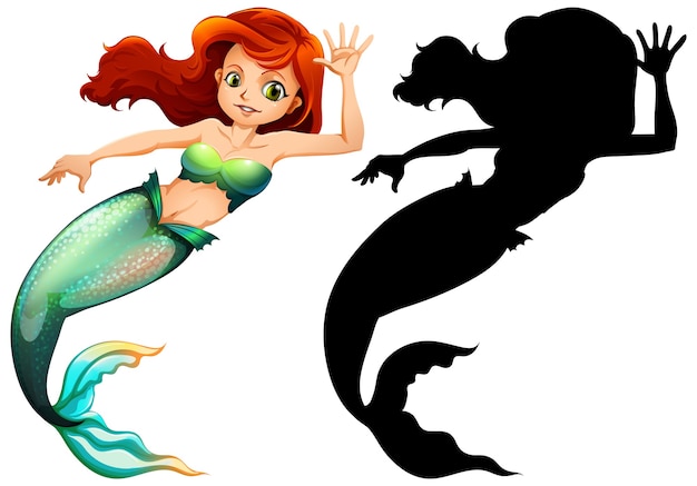 Free vector mermaid characters and its silhouette on white background