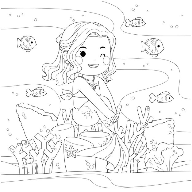 Mermaid coloring book illustration