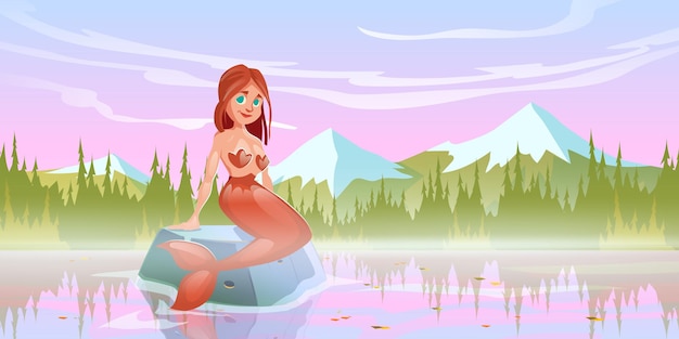 Free vector mermaid girl sitting on stone in lake. vector cartoon illustration of beautiful fairy tale woman with fish tail and landscape with river, forest on shore and mountains