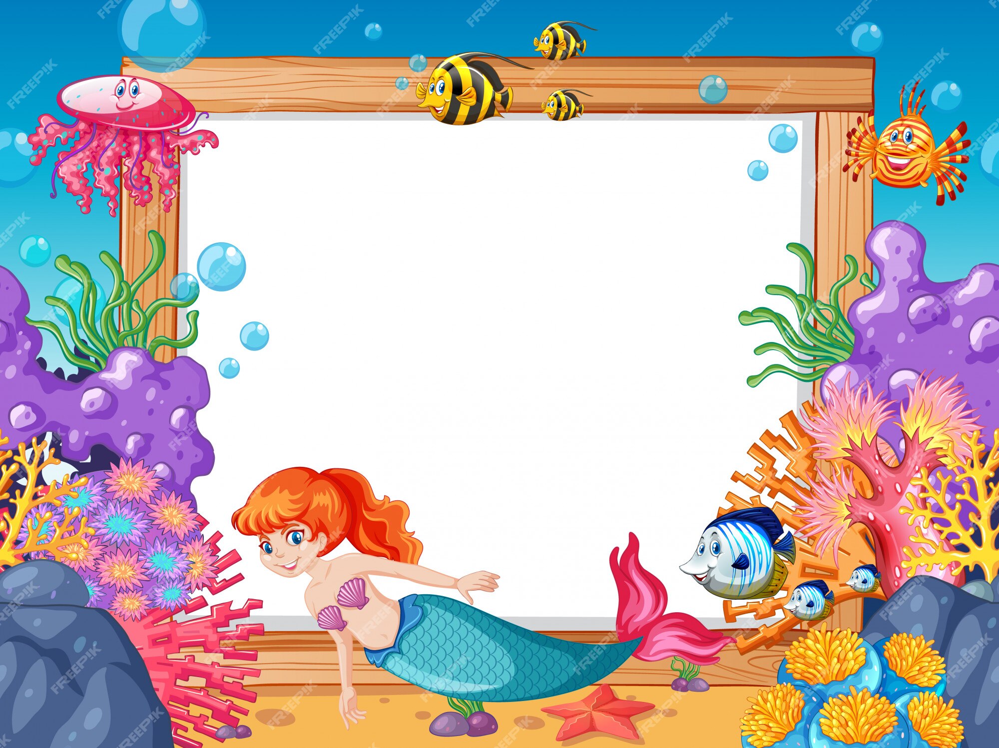 Free Vector | Mermaid and sea animal theme with blank banner cartoon style  on under sea background