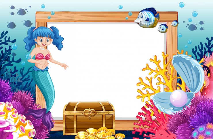 Free Vector mermaid and sea animal theme with blank banner cartoon style on under sea background
