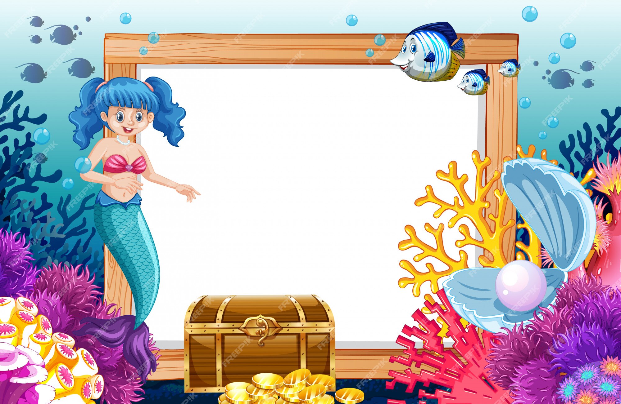 Free Vector | Mermaid and sea animal theme with blank banner cartoon style  on under sea background