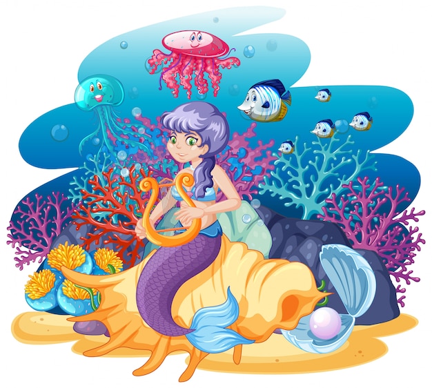 Mermaid sitting on shell and sea animal in cartoon style