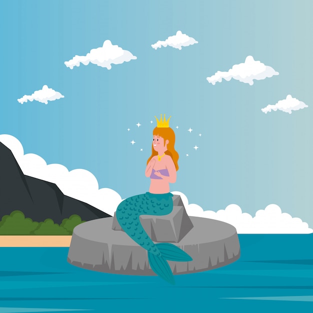 Free vector mermaid sitting in stone with sea