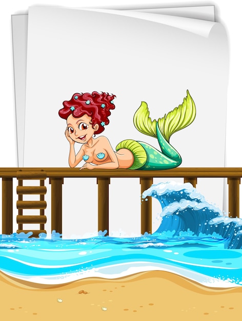 Mermaid sitting on wooden pier with an empty paper