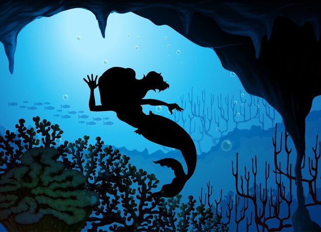 Mermaid underwater silhouette scene