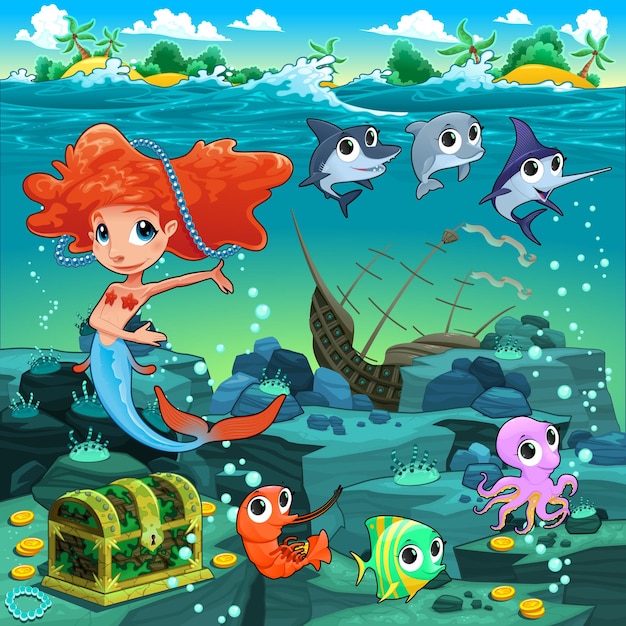 Free vector mermaid with funny animals on the sea floor