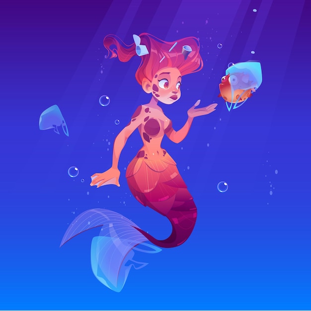 Free vector mermaid with puffer fish in plastic bag underwater