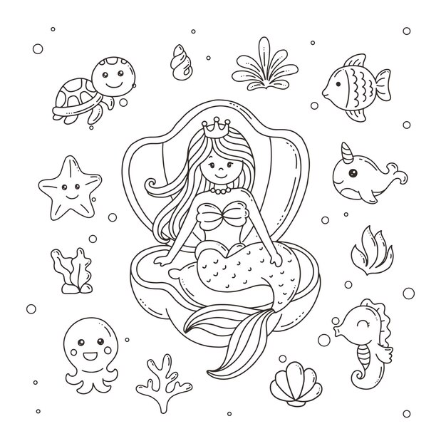 美しい人魚の手描きのイラスト プレミアムベクター