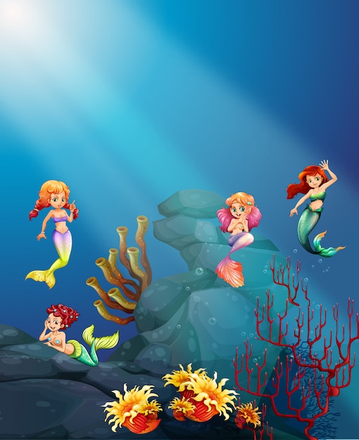 Free vector mermaids swimming under the ocean