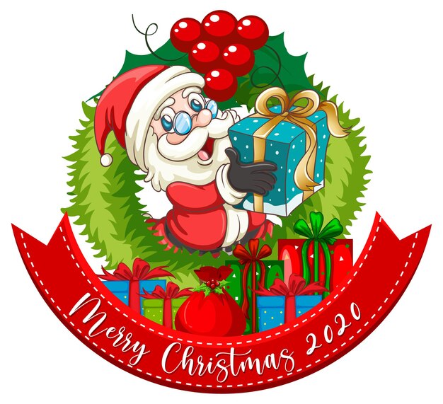 Merry Christmas 2020 card with Santa Claus holding a gift box