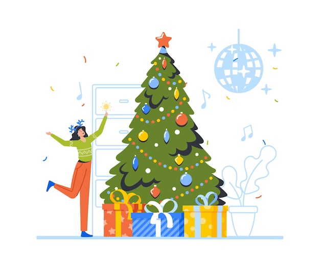 С рождеством и новым годом в офисе или клубе. веселая женщина в шляпе с оленьими рогами празднует рождественскую вечеринку