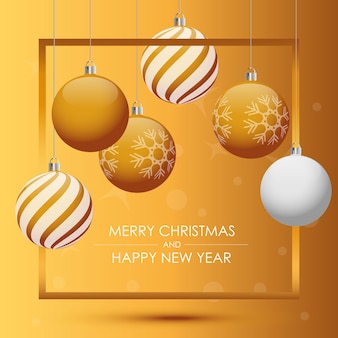 メリークリスマスと新年あけましておめでとうございますギフトカードと金色のボール。エレガントなベクトルの背景