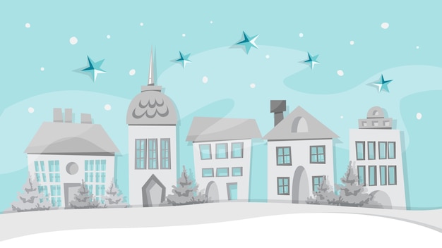 ホワイトペーパーの町でメリークリスマスと幸せな新年のグリーティングカードの装飾。雪の中の冬の街。漫画のスタイルのイラスト Premiumベクター