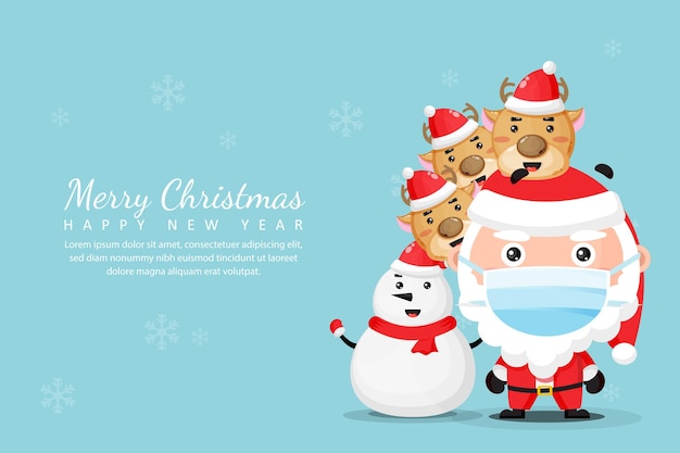 Поздравительная открытка с рождеством и новым годом со снеговиком и оленями санта-клауса в медицинских масках Premium векторы